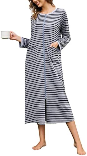 Ekouaer Women Long House Coat Zipper Front Robes Full Length Nightgowns with Pockets Striped Loungewear S-4XL