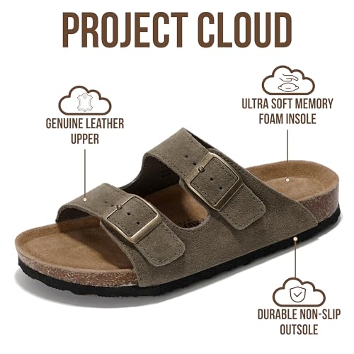 Image of Project Cloud 100% Genuine Leather Flat Sandals For Women 2026 Cork Footbed Womens Sandals with Memory Foam and arch support Vacation Essentials Slides for Women Footwear (Venita)