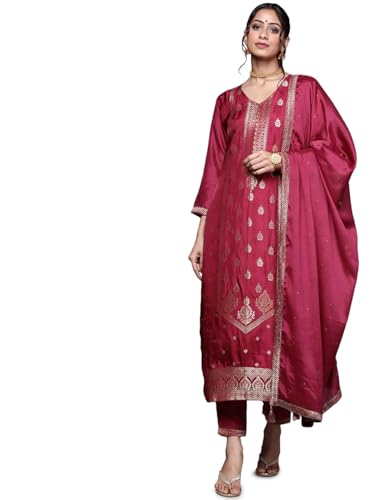 Image of Libas Womens Embellished Silk Blend Straight Kurta With Trousers and Dupatta
