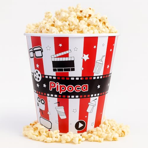 Balde de Pipoca Cinema 3 Litros 18cm – Plástico Resistente Livre de BPA, Ideal para Filmes e Séries, Design Decorado Tamanho Grande (Vermelho)