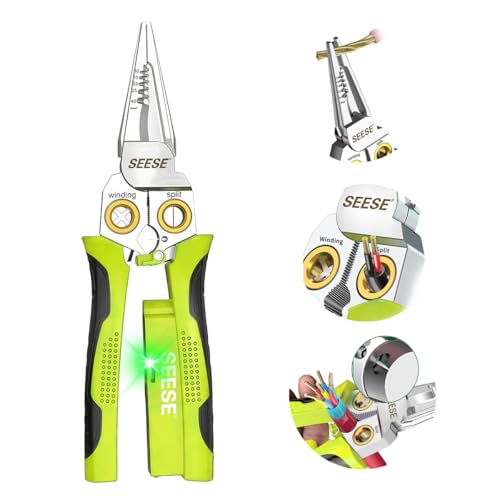 SEESE 8-in-1 Wire Stripper for Electrician: Needle Nose Pliers with Voltage Tester & Dual Alarms - Electrical Pliers for Cutting Wires Pulling Wires and Crimp Wires