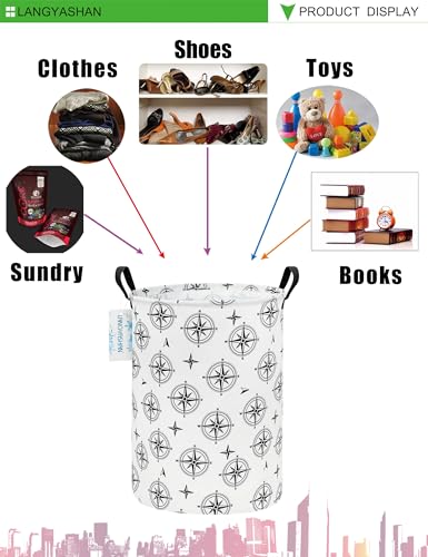 Image of Laundry Basket Canvas Fabric Collapsible Organizer Basket for Storage Bin Toy Bins Gift Baskets Bedroom Clothes Children Nursery Hamper (Black Compass)