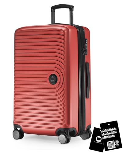 Hauptstadtkoffer Mitte - Mittelgroßer Hartschalen-Koffer + Digitaler Kofferanhänger, Check-In Gepäck mit Volumenerweiterung + Koffertag, TSA, 4 Rollen, 68 cm, 88 L, Rot