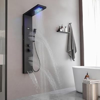 BATHLAVISH Shower Panel Tower System 5 in 1 Stainless Steel Rainfall Shower Panels with 5-Functions, 4 Enlarged Body Massage Jets, Handheld Head, Wall Mounted Matte Black