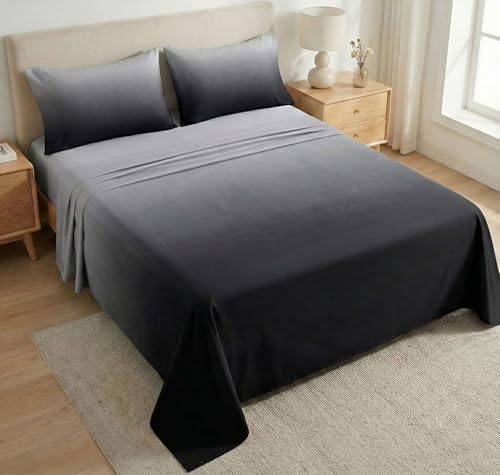 Image of SANMARINO King Size Bedsheet with 2 Pillow Covers, 300 TC UltraSatin Premium Bedding Set, Aesthetic Home Decor, Ideal Gift for Couples, Wedding, Anniversary & Special Occasions - Midnight Ash