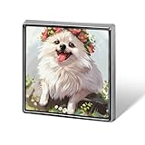 Broche carrée en forme de chien Pomeranian blanc avec couronne de fleurs, épingle à revers, cravate, costume, robe, accessoires de mariage, anniversaire, pour hommes et femmes