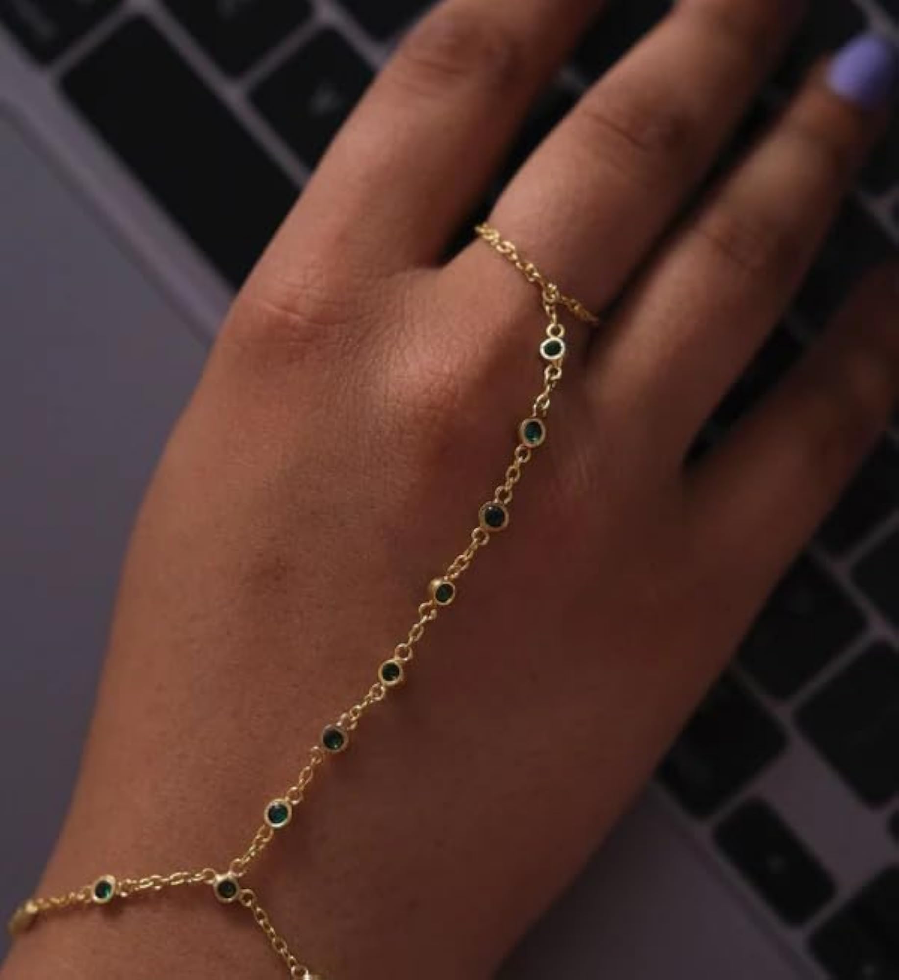 Women's 925 Sterling Silver Emerald CZ Hand Chain Bracelet