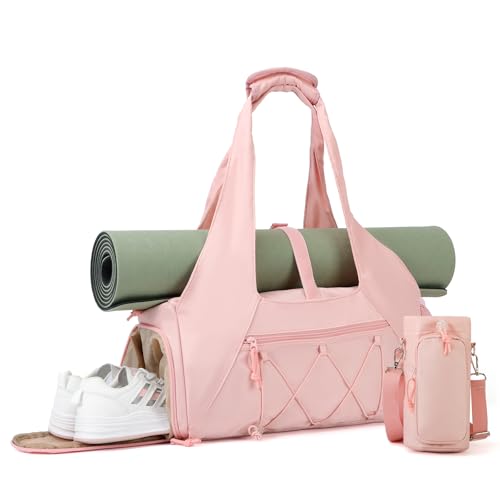 FULONEEI Gym Bag for Women, Yoga Mat Bag with Shoe Compartment and Wet Pocket, Sport Yoga Gym Bag with Yoga Strap, Carryall Yoga Tote Bag, Pink