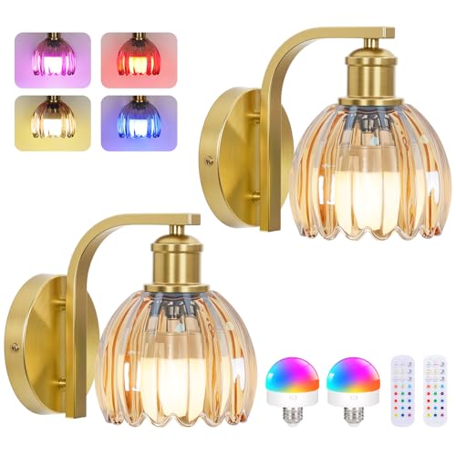 Image of Vintage Rechargeable Battery Operated Wall Sconce Set of 2 with Remote | Gold Wireless Wall Light with Amber Tulip Glass Shade, 15 Colors Dimmable Wall Lamp for Bedroom Hallway Living Room Decor