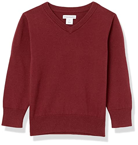 Amazon Essentials Boys' Uniform Cotton V-Neck Sweater, Burgundy, Large