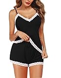Avidlove Camisole Pajamas Set Lace Trim Pj Short Sets Sexy Lingerie Sleepwear (Black White,M)
