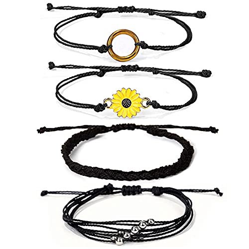 Caiyao 4 Pcs Summer Surfer Wave Anklet Bracelets Adjustable Strand Braided String Rope Bracelets Waterproof Handmade Sunflower Bracelets Anklets Jewelry for Women