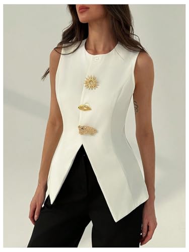 GORGLITTER Women's Dressy Blazers Vest Button Down Sleeveless Business Office Vest Jacket2