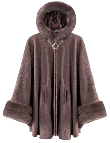 Dahlia Women’s Winter Cape Coat, Luxurious Faux Fur Trim, Fleece Lined Hooded Cloak Style Elegant Poncho Cape, Brown Large