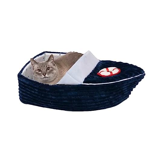 Furhaven Soft & Cozy Cat Bed w/ Catnip Toy for Indoor Cats, Washable w/ Removable Pillow Cushion Insert - Corduroy Boat Bed - Blue, Small