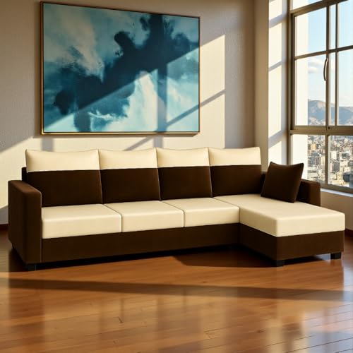 Image of FURNY Arissa 6 Seater Fabric RHS L Shape Sofa Set (Cream-Dark Brown) Premium Velvet Finish | Durable Comfort | Ideal for Living Room