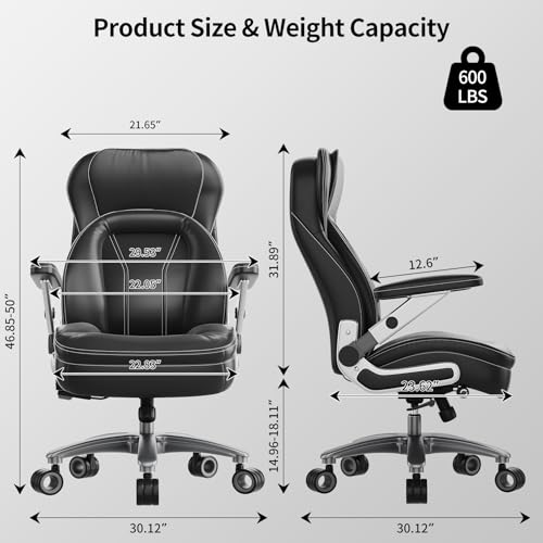 Image of Big and Tall Office Chair, Heavy Duty Desk Chair with 5D Arms, Adjustable Lumbar Support & Height, Tilt Function, PU Leather High Back Ergonomic Executive Computer Chair