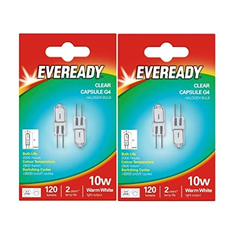 4 x Eveready G4 10W 12V Halogen Capsule Light Bulbs, Dimmable Lamps, 100 Lumen, 3 Years Life, Clear Finish Cover