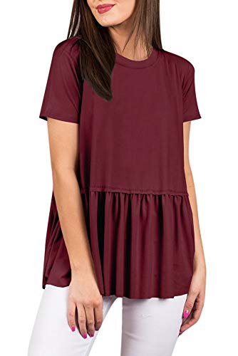 Womens Summer Pleated Flare Casual T Shirt Short Sleeve Cute Peplum Hem Loose Cotton Tunic Top Maroon S