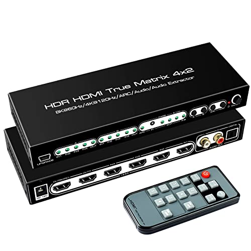 FERRISA 8K 4X2 HDMI Matrix 4 in 2 Out HDMI 2.1 Matrix HDMI Video Switcher Splitter +Optical & L/R Audio Output,Support 4K 120Hz,HDR10 HDCP2.3 Dolby Vision Atmos SPDIF 5.1CH ARC CEC with IR Remote