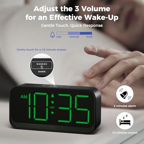 Acedeck Battery Operated Digital Clock: Cordless Small Alarm Clock for Bedroom Travel - Large Numbers 4 Dimmers for All Ages Green Digits