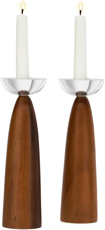 Nambé Sabbath Candlesticks – Modern Alloy & Acacia Wood Candle Holders for Shabbat & Table Décor, 2.5" x 7" – Elegant Judaica Centerpiece for Dining Table, Wedding & Holiday Lighting