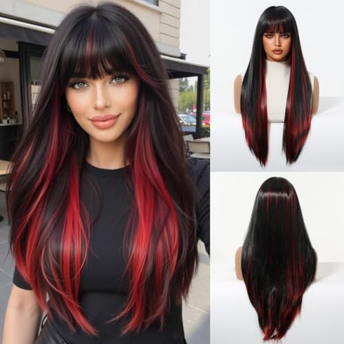 Aestrope Human Hair Wigs Long Straight Straight Bangs Black With