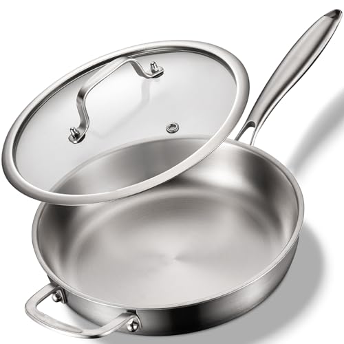 MOUTIUS Sartén de acero inoxidable de tres capas de 12 pulgadas, sin PFOA y PTFE, juego de sartenes de acero inoxidable con tapa para la cocina, juegos de utensilios de cocina compatibles con