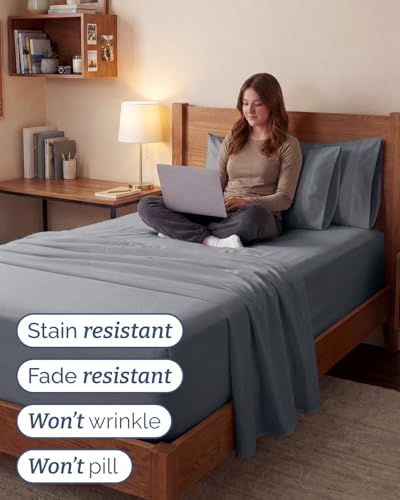 Image of Extra Deep Twin XL Sheet Set - 4 Piece Breathable & Cooling - Steel Blue | Hotel Luxury Bed Sheets Set, Easy & Secure Fit, Ultra-Soft, Wrinkle & Fade Free, Comfy Sheets Set with Extra Deep Pockets