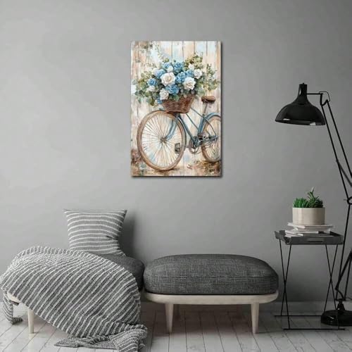 Tableau sur toile vintage vélo et roses bleues 80x120cm sans cadre pour salon