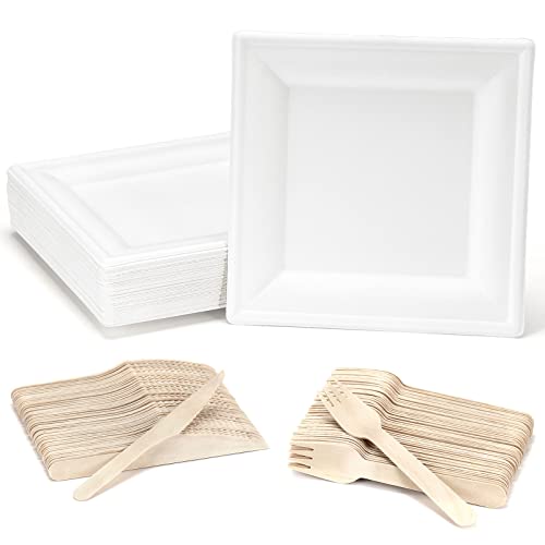 Aitsite 150 Stück Pappteller Eckig Set, Kompostierbar Ökologisch Teller Eckig, Holzgabeln und Holzmesser kombiniert fur 50 Gäste, Partygeschirr Set für...