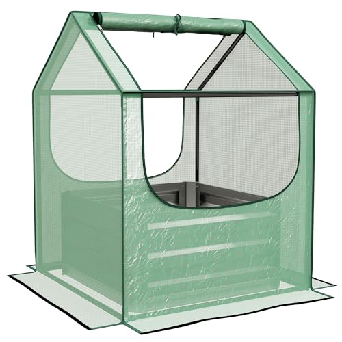 Outsunny Raised Garden Bed with Mini Greenhouse, Outdoor Metal Planter Box with Cover, for Herbs and Vegetables, Use for Patio, Garden, Balcony, Green and Silver
