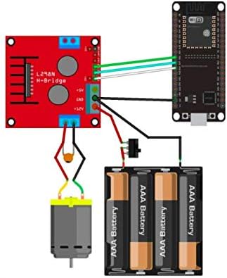Wiring diagram illustrating the connection of an L298N H-Bridge module to an ESP32 microcontroller, a DC motor, and a battery pack.
