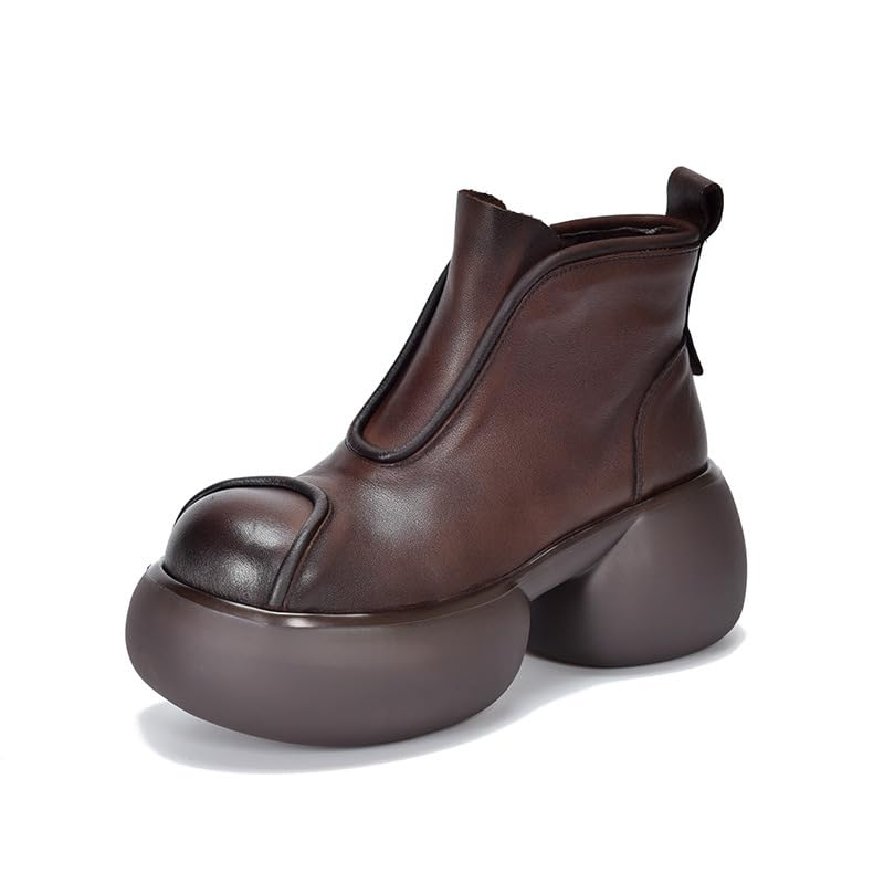 Womens Genuine Leather Spring Autumn 7 CM Chunky Heel Stitched Panel Design Side Zip Non-Slip Winter Fleece-Lined Warm