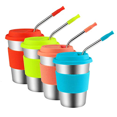 MRCtech 4 Pack Stainless Steel Cups with Silicone Lids & Straws, 16 oz