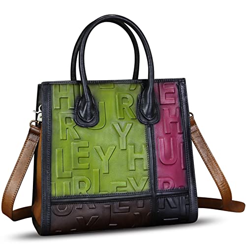Genuine Leather Satchel for Women Embossed Leather Handbag Top Handle Handbags Handmade Purse Crossbody Work Tote Bag (Multicolor2)