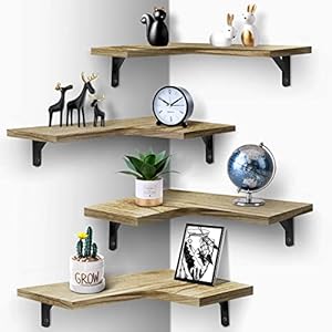 EACHPAI Floating Corner Shelves for Wall Décor Storage, Wall Shelves Set of 4, Wall Mounted Wood Shelves for Home Decor, Bedroom, Living Room, Bathroom, Kitchen, Office (Light Brown)