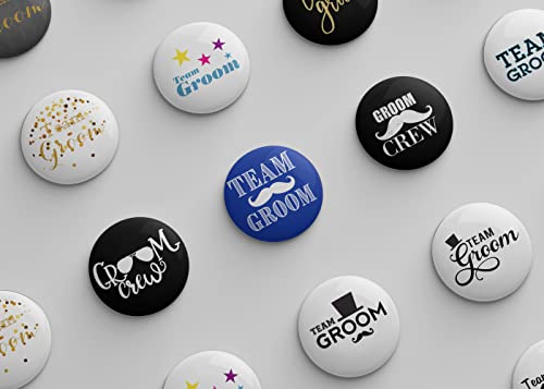 Image of Team Groom badges|Wedding badges (props) for Team Ladkewale and family|Batches for Wedding, Bachelor /Reception Party and Events|Groom squad badge|Multicolo|Size 58mm