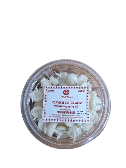 Cow Ghee Round Cotton Wicks for Diya and Pooja Ready to Use Ghee Batti for Jyot, Aarti, Temple & Daily Worship and Special Ocassion Lighting White 50 pcs in Hing Box eassy Carry-image-3