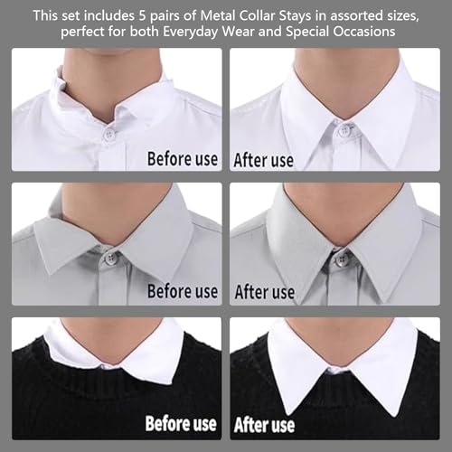 10 دعامات ياقة معدنية للقمصان الرسمية للرجال من نالينا - 5 مقاسات إدراجات ياقة قميص أبيض - مقويات متينة مقاومة للصدأ لمظهر احترافي واضح - مناسبة لجميع أنماط القمصان.