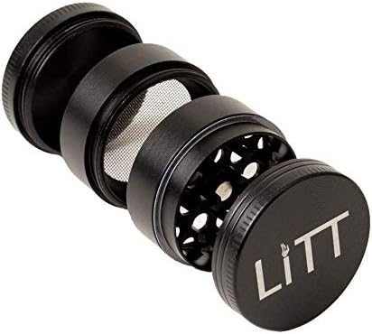 LiTT 4 Piece Mini Grinder - Black Aluminium Grinder with Curved Teeth, Magnetic Top Lid, Kief Pollen Collector. Travel Storage Accessories