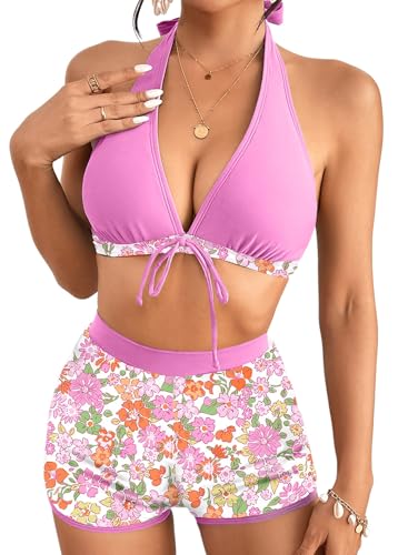 Herseas Women's Bikini Sets 2 Piece Tropical Print Swimsuit Halter Top & Boy Short Bathing Suit