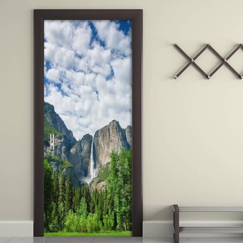 Pegatinas para Puertas de Colina Del Bosque Door Stickers 3D Adhesivo Vinilo Pegatina Puerta Paisaje de Cascada Murales Póster Decorativas de Pared Mural Papel Pintado 85x200 cm a.4419