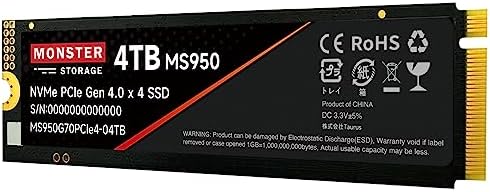 Monster Storage 4TB NVMe SSD PCIe Gen 4 x 4 Max Read: 7,100MB/s Max Write: 6,400MB/s PS5 Verified, Heat Dissipation Sheet Included, M.2 Type 2280 3D TLC, MS950G70PCIe4-04TB