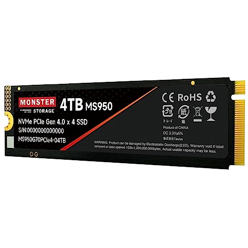 Monster Storage 4TB NVMe SSD PCIe Gen 4×4 最大読込: 7,100MB/s 最大書き:6,400MB/s PS5確認済み 放熱シート付き M.2 Type 2280 内蔵 SSD 3D TLC 国内正規品 メーカー5年保証 MS950G70PCIe4-04TB