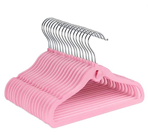 Image of Baby Hangers, 50 Pack Childrens Velvet Hangers - Baby Clothes Hangers Non Slip Velvet with Rotatable Hook,12Inch Space Saver Cascading Velvet Hangers (Pink)