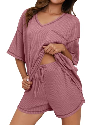 Image of Womens Pajama Sets Waffle Knit 2 Piece Short Lounge Set Cute Sleep Loungewear Pjs Set Short Sleeve Top and Shorts