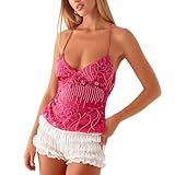 Sujama Y2K Sequin Cami Top Women Sexy Sparkle V Neck Open Back Tank Cute Criss Cross Straps Backless Low Cut Summer Crop Tops Hot Pink