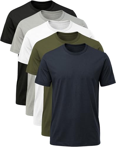 Hioutdoor T-Shirt Homme Lot De 5 Pièces, 180G Coton Basique, Manche Courte Col Rond, Einfarbig Uni Coupe Regular Oversize, T-Shirt De Travail Été pour Hommes