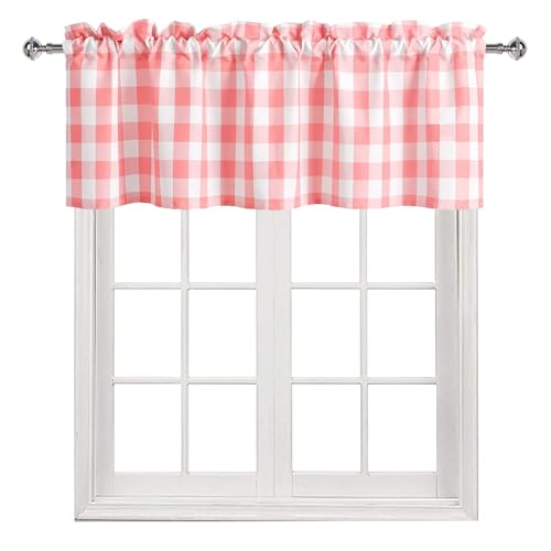 Cortinas semitransparentes de diseño a cuadros, cenefa de cocina rosa y blanco 3